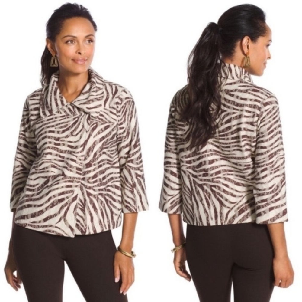 Chico’s Zebra Lace Brown Cream Jacket Size 1 Medium NWT